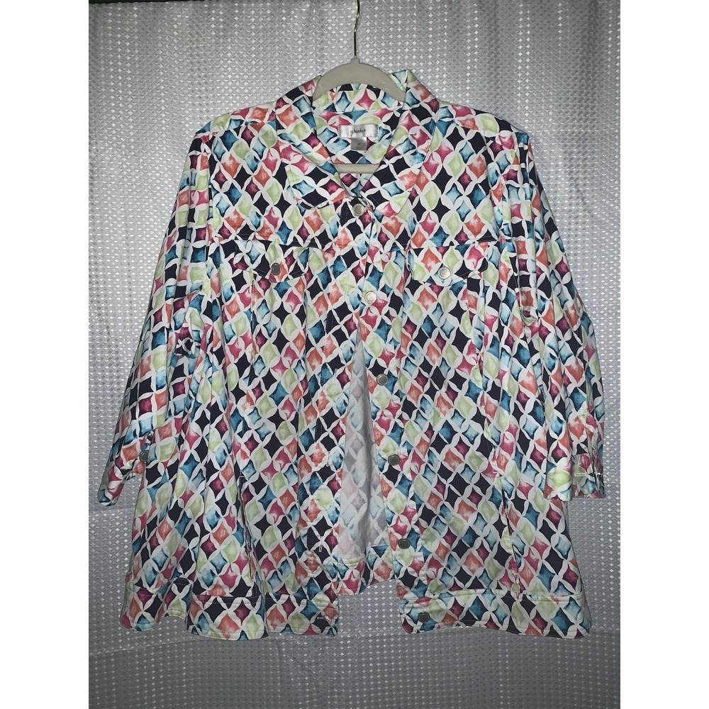 Cj‎ Banks Womens 3X Multicolored Diamond Shirt Jacket Button Up W/pockets